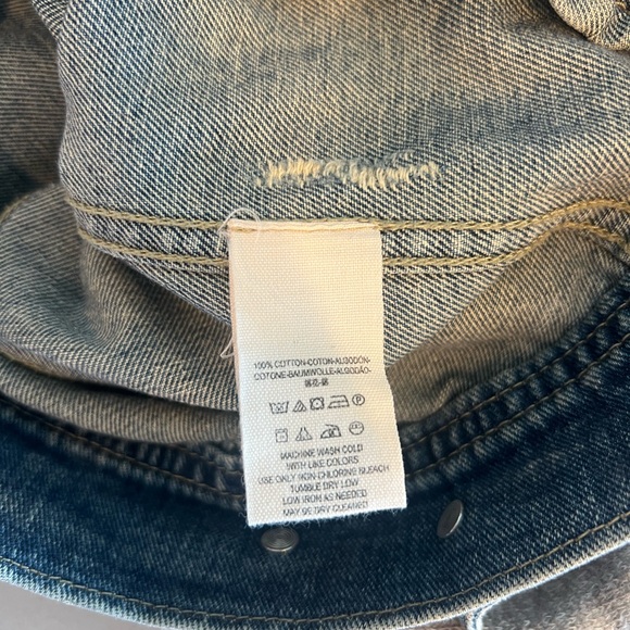 Free People Distressed Denim Jacket with knit sleeves and removable hood - Picture 6 of 10